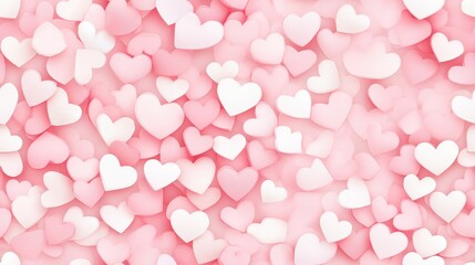 Watercolor hearts in shades of pink and red with small scattered dots, forming a seamless romantic pattern. Perfect for Valentine's Day designs.