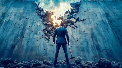 Ambitious businessman never give up broke wall of complex problems .