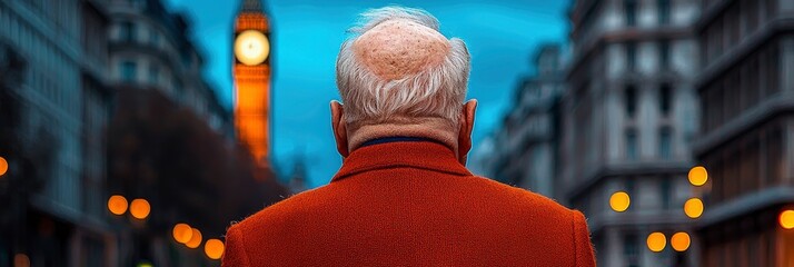 Elderly Man Walking in London with Big Ben in the Background