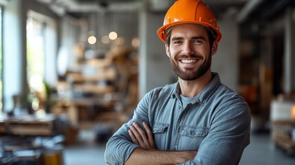 Smiling Construction Worker in a Modern Workspace Generative AI
