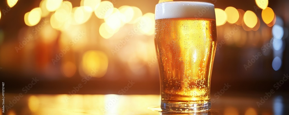 Poster close-up of a refreshing pint of beer on a bar counter illuminated with warm, cozy lighting creating