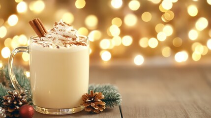 Glass of frothy eggnog with cinnamon, surrounded by chocolate chip cookies and Christmas decorations on a festive table. Holiday treat concept.