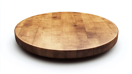A perfectly round wooden table, empty and ready to be used, sits on a plain white background.