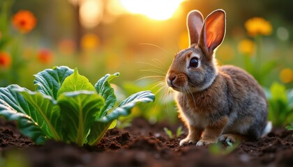 Fototapeta premium Un beau lapin au pelage soyeux s'aventure dans le potager, ses yeux fixés sur une salade verte et croquante, prête à être dégustée.