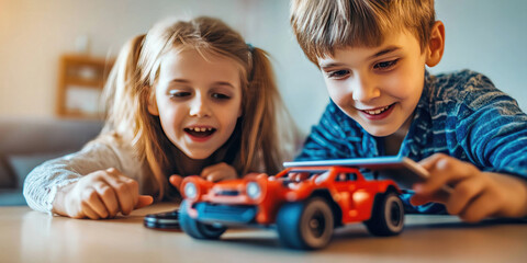 Children are lying on their stomachs on the floor playing with a toy car and using a digital tablet. They are laughing and having fun