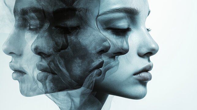 Overlapping multiple portraits and faces interweave together to form a complex visual narrative, emphasizing unity and diversity through abstract layering and composition.