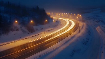 . Blurred motion of cars on a snowy winter road, Traces of headlights from cars moving at winter night on the bridge, illuminated by lanterns in a snowfall, Lights reflecting in the wet asphalt