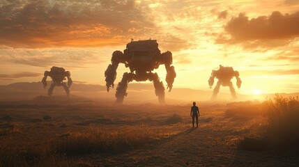 Giant Mech Robots Confront Human in Apocalyptic Desert Landscape at Sunset