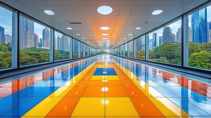 Colorful Geometric Hallway with Panoramic City View