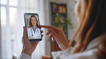 Telemedicine. Young woman making video call to female doctor at home, doctor consulting patient online, telemedicine and healthcare. ill feeling woman making a call on phone from home with physician