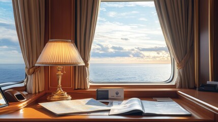 Fototapeta premium Cozy cruise ship travel desk with brochures, maps, and an elegant lamp, framed by large windows showing the serene sea horizon.