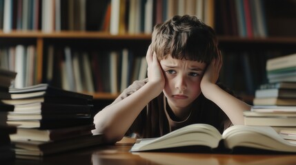 School kid struggling with challenging homework deadline in library setting