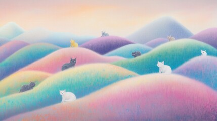 Fototapeta premium Serene pastel hills with cats: dreamy landscape illustration for spring decor