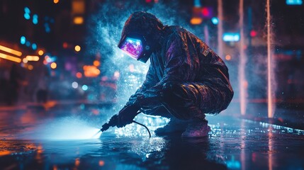 Futuristic worker with augmented reality goggles, operating a high-pressure washer in a sterile, holographic factory, neon blue hues, sleek and clean, cyberpunk style, digital painting