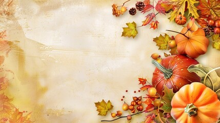 A warm and inviting Thanksgiving card background. The background might feature a cornucopia filled with an abundance of fruits and vegetables