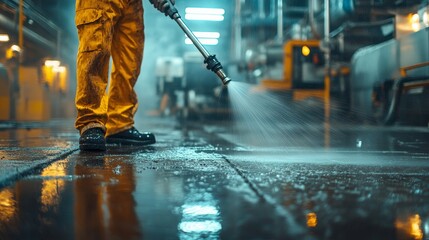 Obraz premium Grease and dirt being obliterated by a high-pressure water jet, the worker controlling the powerful flow, wet floor glistening