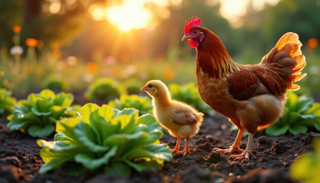 Une poule et ses petits poussins s'aventurent dans le potager, s'arr&ecirc;tant &eacute;merveill&eacute;s devant une salade fra&icirc;che, leurs plumes contrastant avec la verdure.