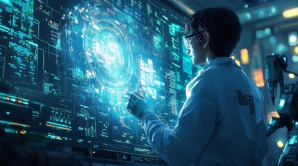 Scientist Analyzing Futuristic Holographic Display Generative AI