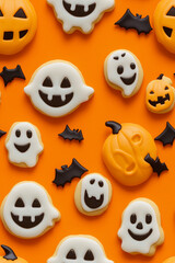 Obraz premium A pattern of cookies in the shape of smiling ghosts and pumpkins on an orange background. Halloween pattern