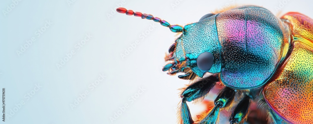 Poster close-up of a beetle's shell with vibrant iridescent colors, showcasing intricate patterns and textu