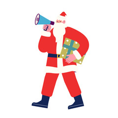クリスマスプレゼントを持って来た事を拡声器で伝えるサンタクロース。漫画のキャラクターベクターイラスト