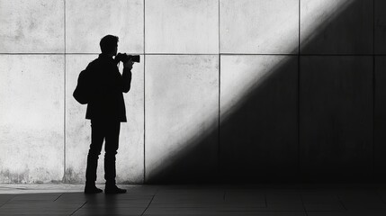 Shadow on the sidewalk silhouette of a man with a camera female silhouette black and white photo