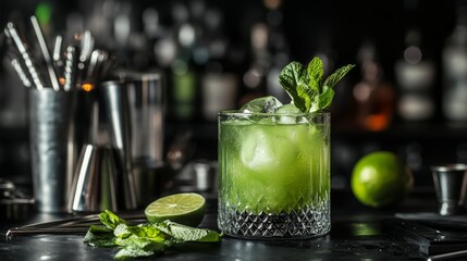 Summer green cocktail drink with gin liqueur lime juice mint and ice. Black bar counter background steel bar tools and bottles