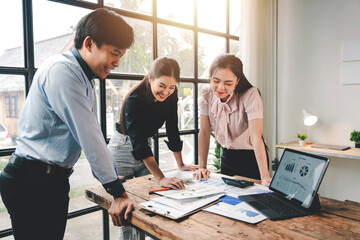 Team work process. brainstorming marketing strategy Documentation and digital work at the office meeting room