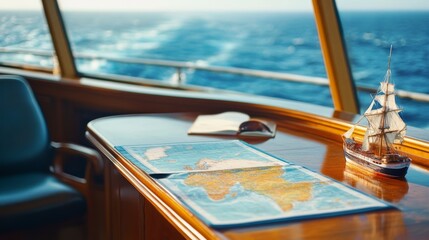 Obraz premium Cruise vacation planning desk with world maps and view of the ship deck in expansive ocean, luxury travel concept.