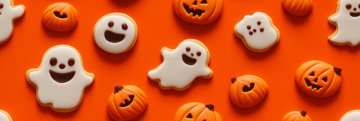 Obraz premium A pattern of cookies in the shape of smiling ghosts and pumpkins on an orange background. Halloween pattern