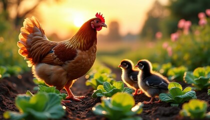 Mère poule et ses poussins trottinent dans le potager, s’approchant d’une salade verte et fraîche, parfait festin pour une balade matinale.
