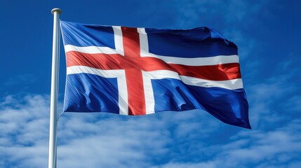 Vibrant icelandic flag waving against clear blue sky - emblem of national pride