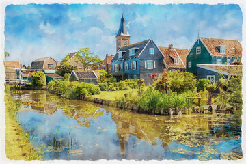 Picturesque wooden houses in Marken village, Netherlands. Watercolor painting.