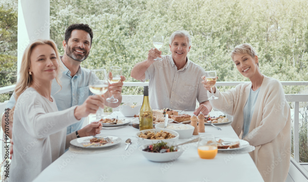 Canvas Prints Food, portrait and table with family on house porch with wine for celebration or festive holiday. Alcohol, toast or brunch with people eating in home together for party event or social gathering