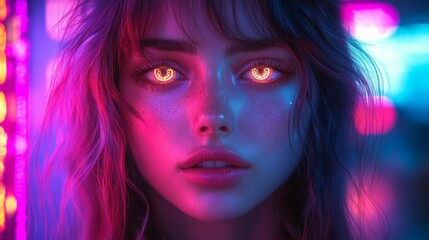 Obraz premium Neon Portrait of a Woman with Glowing Eyes Generative AI