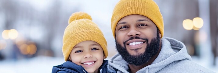 african american Father and son at winter sport stadium, wearing hat and jacket