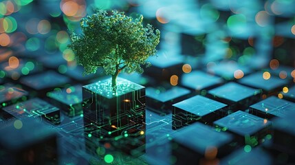 Tree growing on circuit digital board, Digital and Technology Convergence, Green Computing or Green Technology,