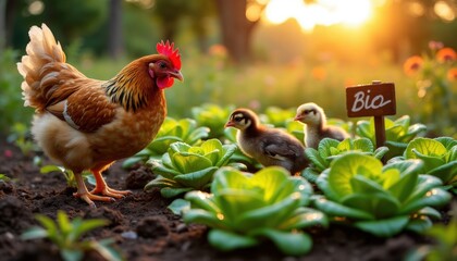 Fototapeta premium Une poule caquette doucement tandis que ses poussins découvrent une magnifique salade dans le potager, l’air rempli de promesses de festin.