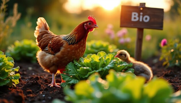 Au c&oelig;ur du potager, une poule veille sur ses poussins tandis qu'ils explorent, la salade verte app&eacute;tissante en toile de fond, apportant une touche de vie et de fra&icirc;cheur.