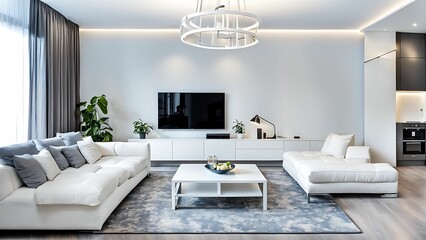 Modern Living Room with White Sofa, TV, and a Circular Chandelier