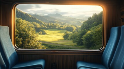 Fototapeta premium Serene Swiss Farmland Viewed Through Train Window