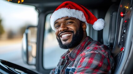 Smiling truck driver wearing Santa hat in a festive holiday setting, driving in a truck cabin	