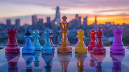 Urban Chess Strategy - Colorful chess pieces against city skyline backdrop with room for text