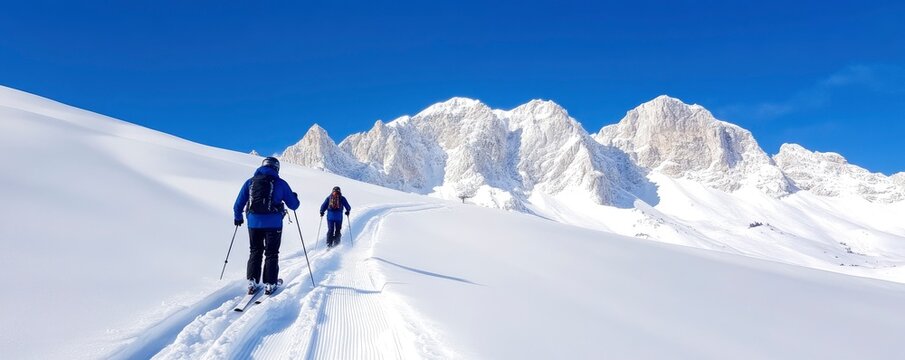 Skiing in the alpine with an instructor guide.