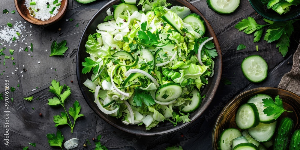 Aufkleber spring vegan salad with cabbage cucumber green onion and parsley top view flat lay