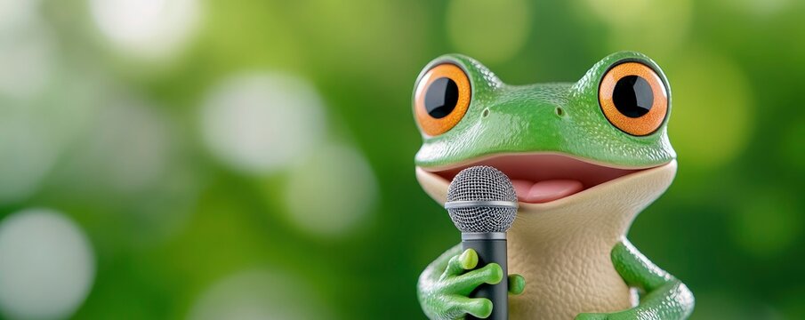 With one hand gripping a microphone, an animated frog seems to be singing or performing on a stage.