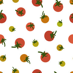 Red tomatoes on white background, flat style food vector illustration, seamless pattern for tablecloth, fabric, advertising.