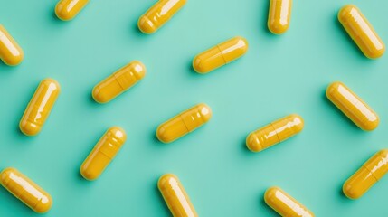 Flatlay of fish oil capsules forming a geometric pattern on a pastel green background, minimalist layout, top view
