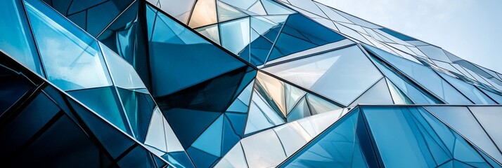 Ultra-modern office building with sharp angles, focusing on the unique glass and steel structure with bold geometric patterns. Architecture background.