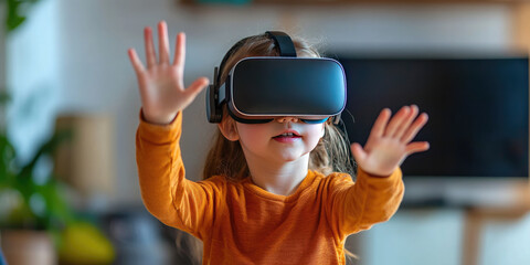 Young girl is immersed in a virtual reality experience, gesturing with her hands as she interacts with the digital world